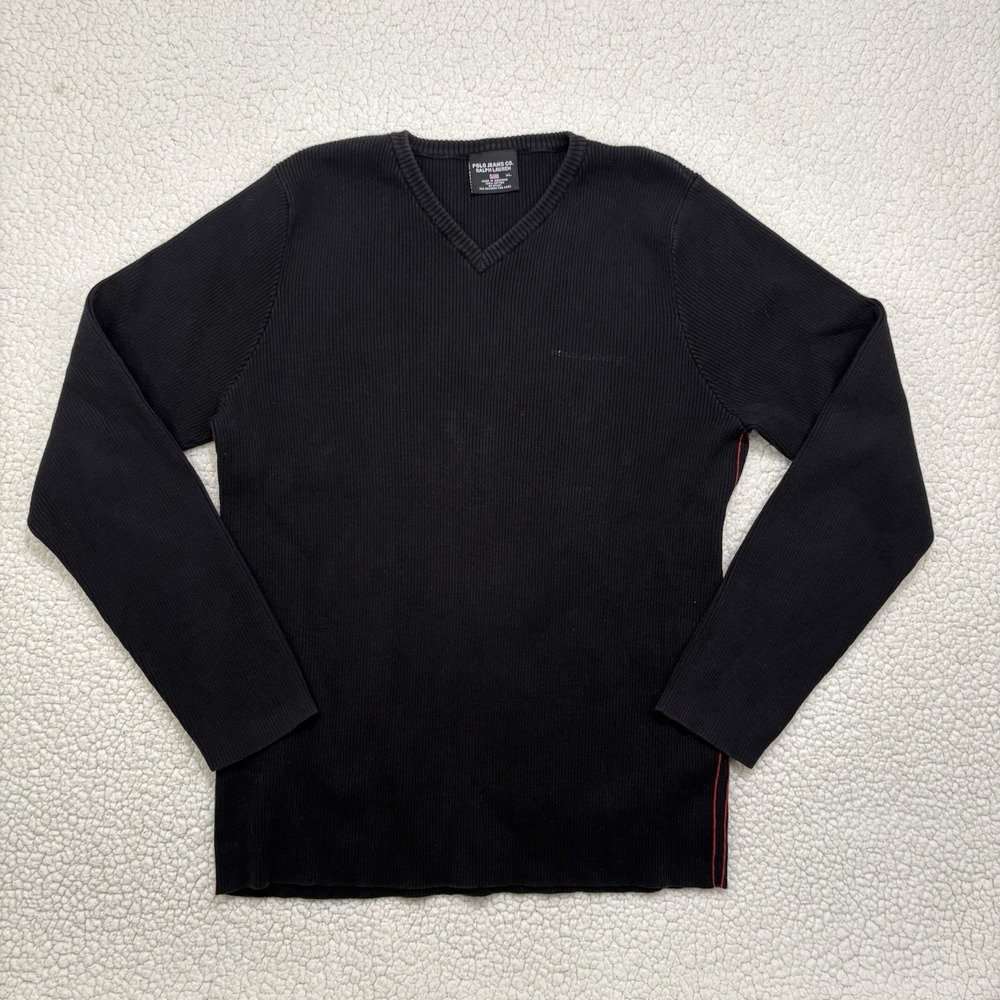 Polo Jeans Co Ralph Lauren Sweater Mens XL Black Cotton V Neck Pullover Rib Knit